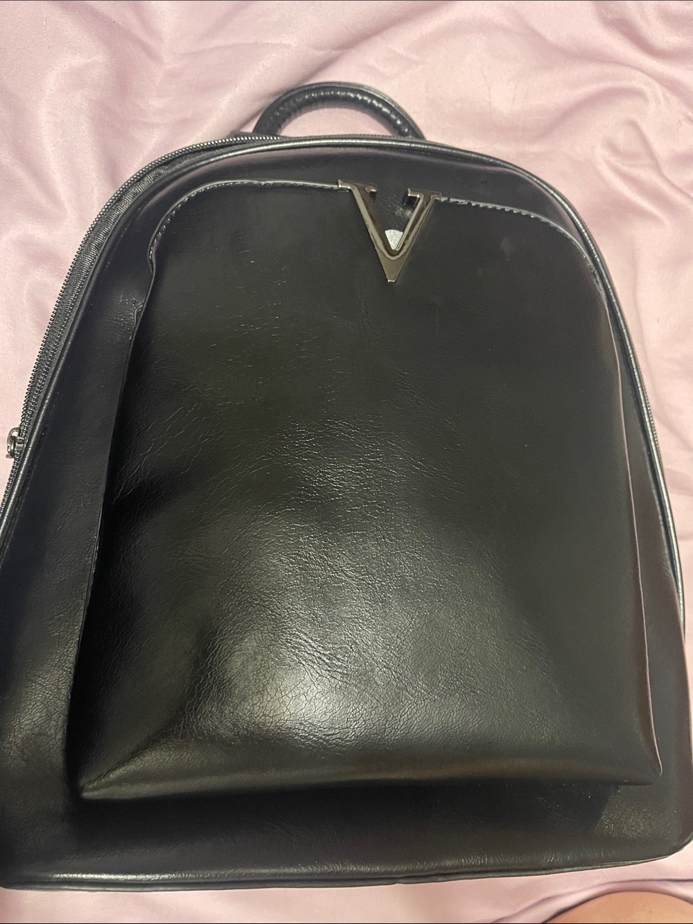 Sleek Black Women's Leather Backpack with V Accent